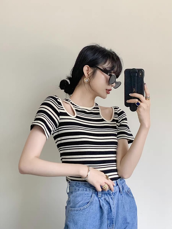 [wlady/npj supporting actress] off shoulder versatile Pullover striped T-shirt w518\wtt