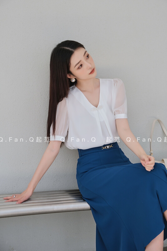 [modeling] Satin featured patchwork Georgette process featured button up design shirt 80067\jj
