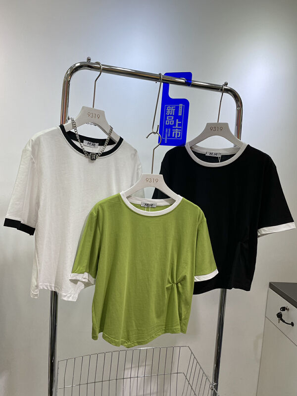 [M.M] simple color contrast collar waist fold short sleeve T-shirt 8162\l