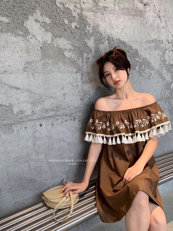 [neihe] lace tassel embroidered one neck dress 11577\jhy