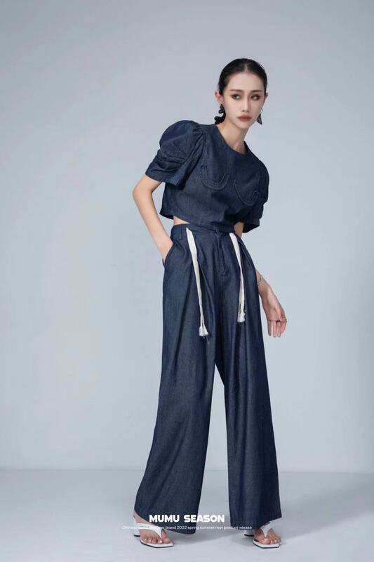 [Mumu session] round neck slim shirt + elastic waist straight casual pants set 9175\zxl