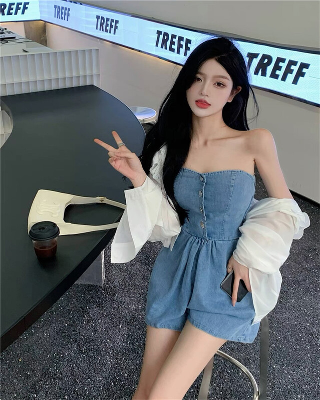 [lucky.bibi] fresh and simple solid color lace up shirt + fresh and simple strapless denim Jumpsuit set 1036\jj