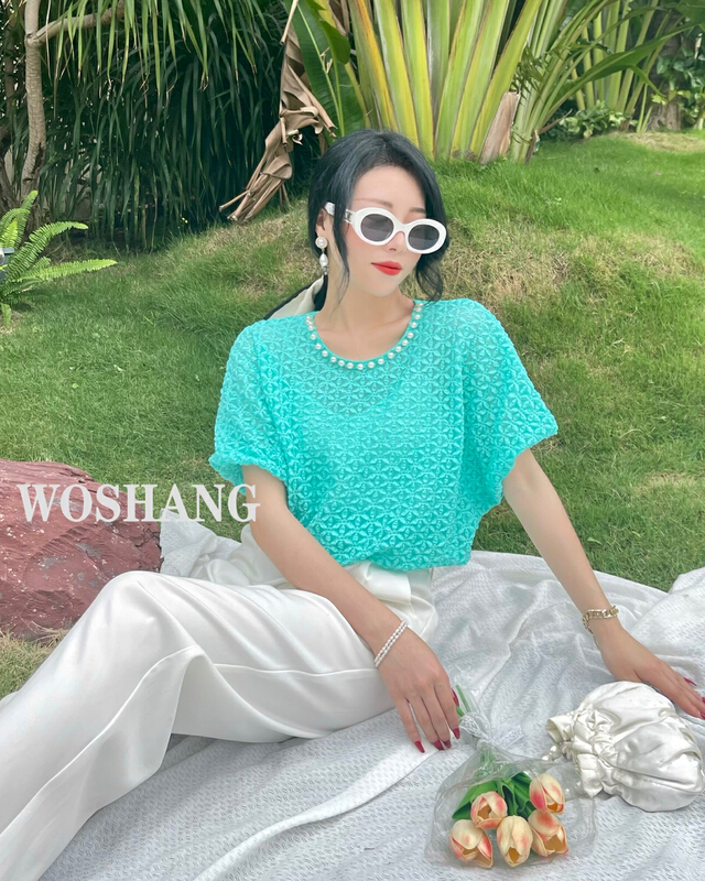 [woshang] Beaded bubble sleeve round neck blouse 328-1\xyj