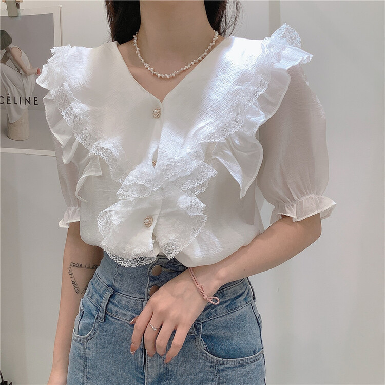 [MiuMiu] Korean style fungus edged V-neck button up shirt 3625\zxx