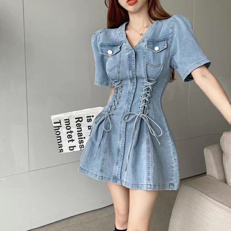 [fan fan] fashionable port style tie rope denim slim fitting dress 272\jj