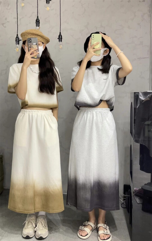 [red Niuniu] color matching versatile waffle Top + slim split skirt suit 9602\xyy