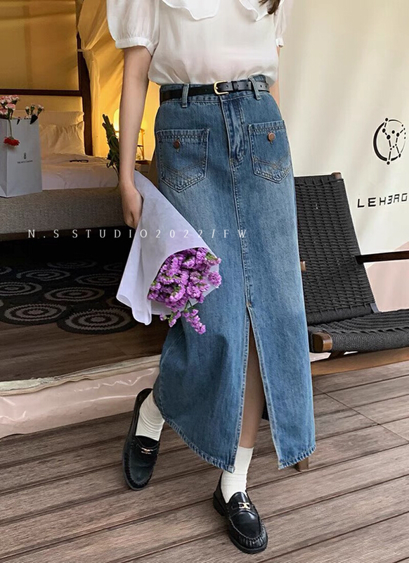 [N.S] retro versatile slim double pocket split denim skirt 6680\wpl