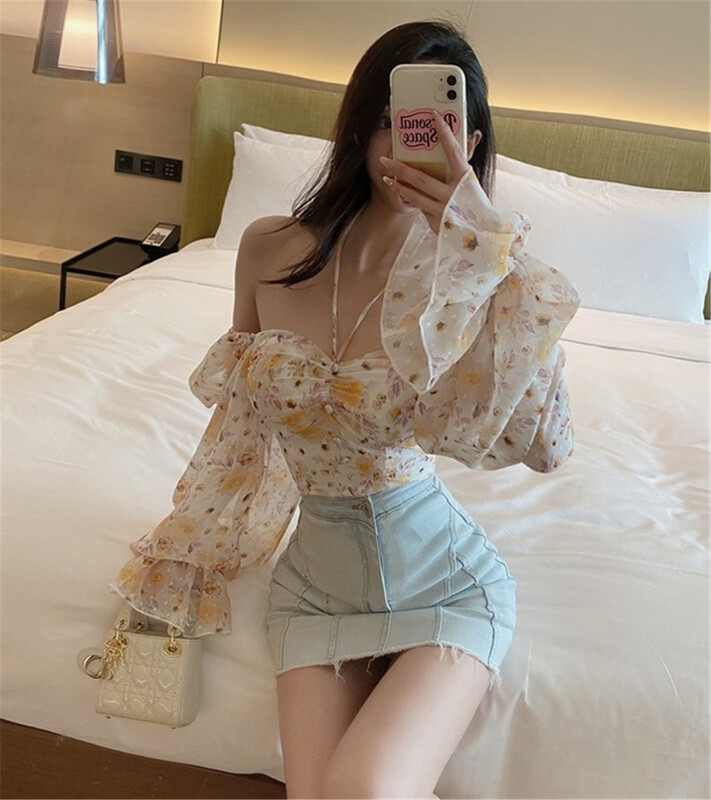Original price: 62.04! In early summer! [d.ffstudio] long sleeve Square Neck Lace Up Shirt ys1-913\wtt