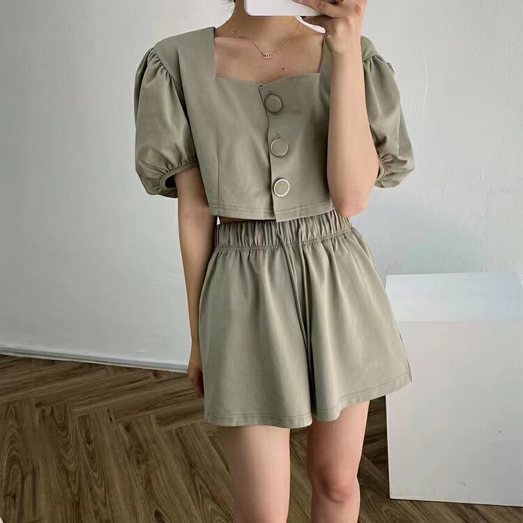 [31 fashion] Korean pure color temperament shirt + casual Shorts Set 3720\hjy