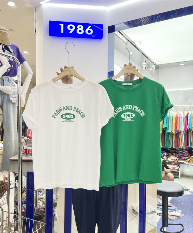 [1986] simple and versatile letter round neck short sleeve T-shirt f3995\lsl