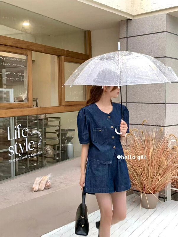 [gill] round neck button Denim Short sleeve coat + casual Shorts Set 1068\zjy