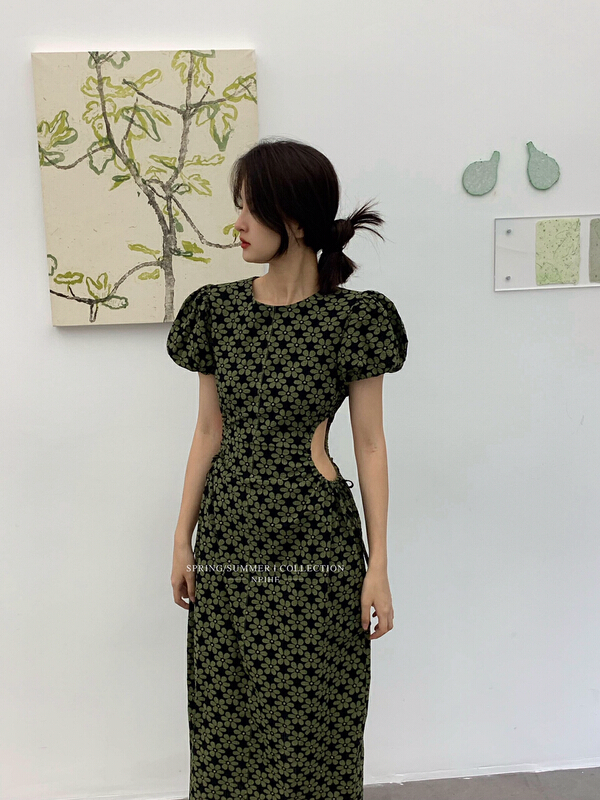 [neihe] French foam sleeve floral dress 11582\zxx