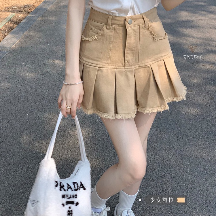 [Han Xi'er] Korean version A-shaped raw denim skirt 6311\hbx