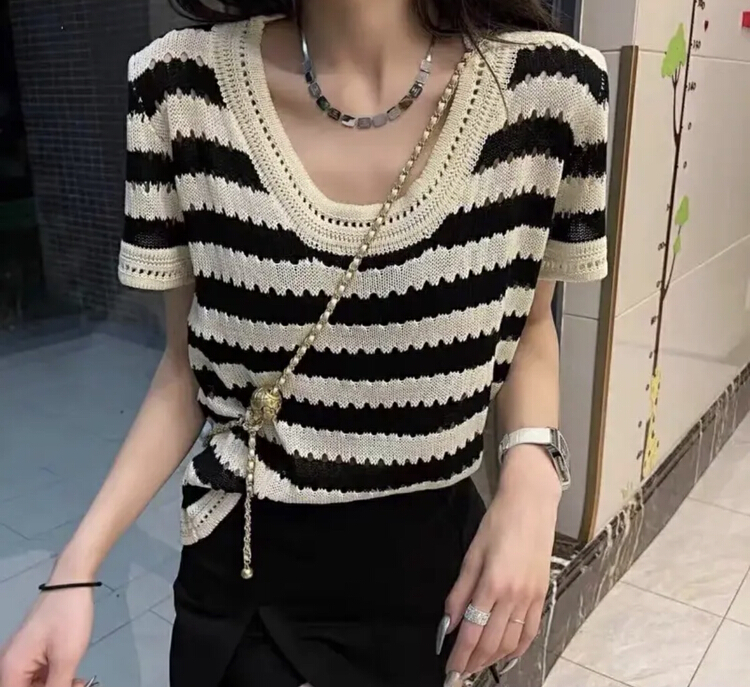 [miss Xixi] striped hollow out short sleeve T-shirt 1012-1\l