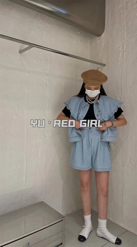 [hongniuniu] baby ear collar denim Top + loose Shorts Set 35494\xyy