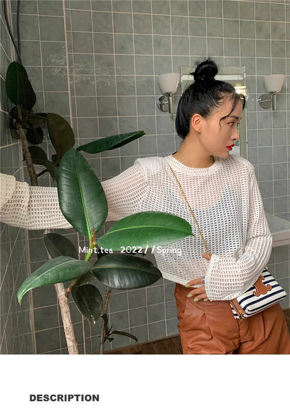 [mint tea] solid color versatile hollow out shirt 22167\zjy
