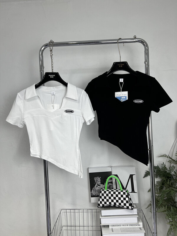 [fan fan] fashion polo collar irregular label short sleeve T-shirt 226\jj