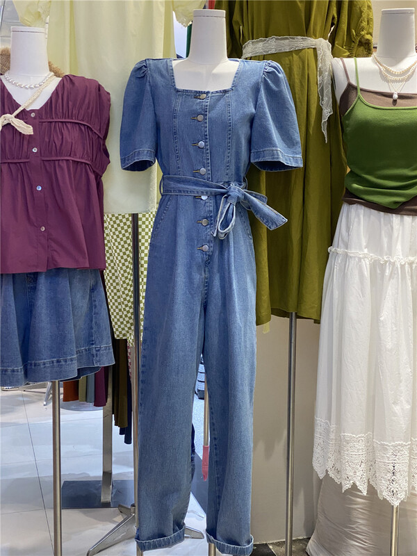 [double seven] square neck bubble sleeve skinny denim Jumpsuit (with belt) 22052\zxx