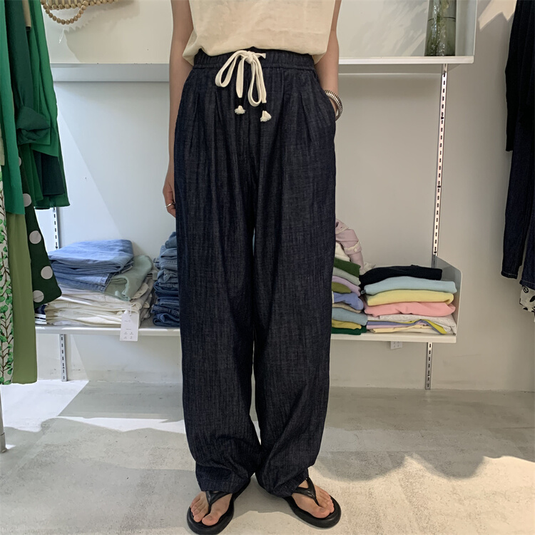 [emoni] Vintage Lace Up elastic waist loose and versatile jeans 11017\csx