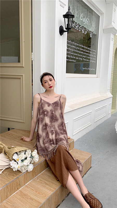 [AC] Chestnut Mousse patchwork tassel suspender dress 7090\jj