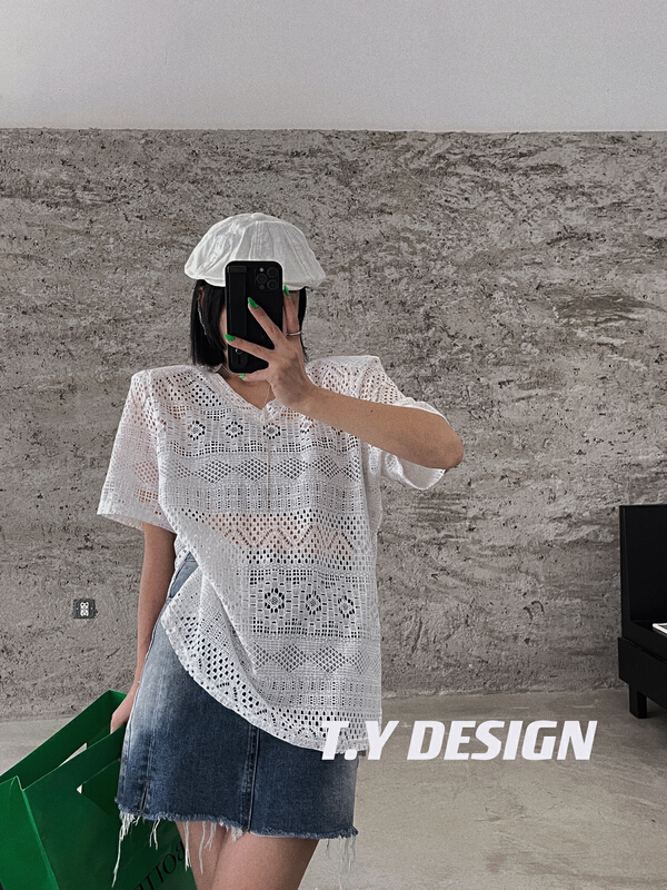 [T.Y tangyuanjia] Korean fashion solid lace short sleeve T-shirt 2093\ozq