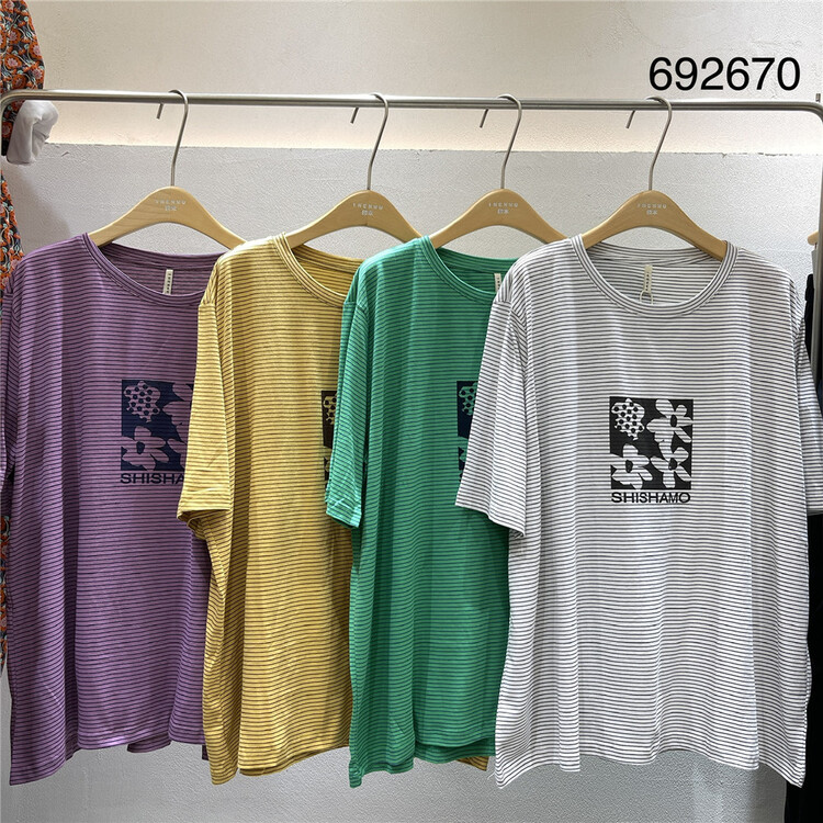 [twenty wood Print] stripe loose round neck short sleeve T-shirt 692670\l