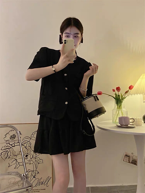 【 lidada 】 round neck blouse + comfortable skirt two piece suit 2477\hbx