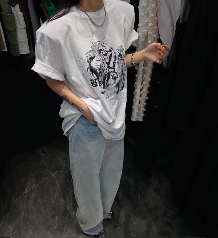 [buyer Yan Xuan - God of wealth] tiger head shoulder pad fashion design loose short sleeve T-shirt 1710\cl