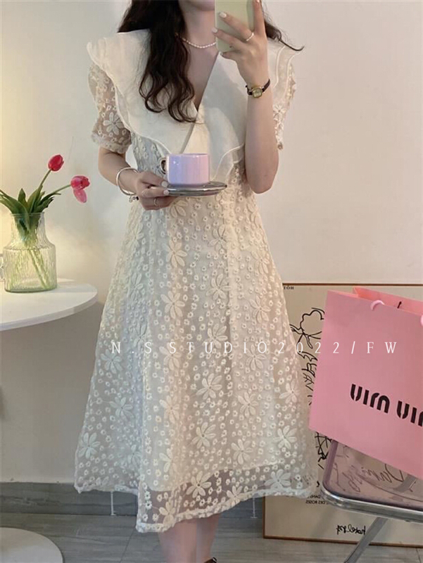 [N.S] French temperament medium long lotus leaf collar lace dress 1601\wpl