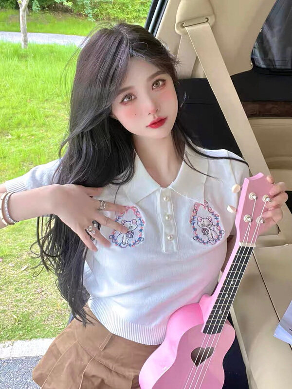 [f · P] sweet polo collar cat embroidery T-shirt 88621\hbx