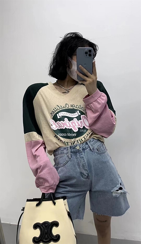 [ZY] simple letter print color blocking long sleeve T-shirt 531\wtt
