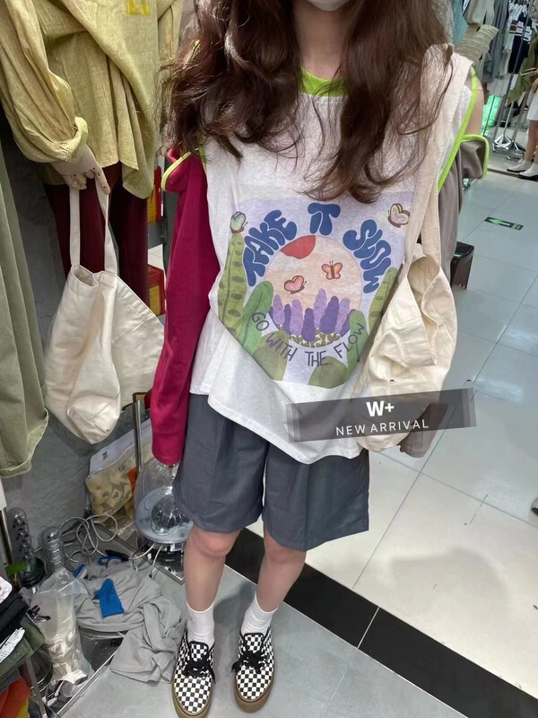 [w+] color block letters loose off shoulder sunscreen long sleeve T-shirt 6015\wtt