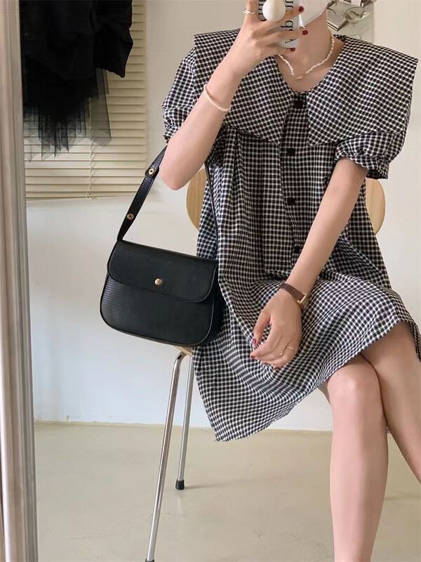 [Duomi] commuting niche design large lapel Plaid Dress 8962\zxl