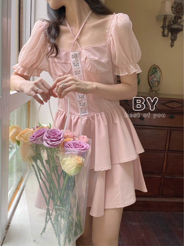 [best of you] Spice Girl square neck short sleeve dress ys1-9886\hbx