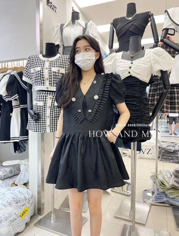 [how and me] lady V-neck wood ear edge bubble sleeve dress 7123\lsl