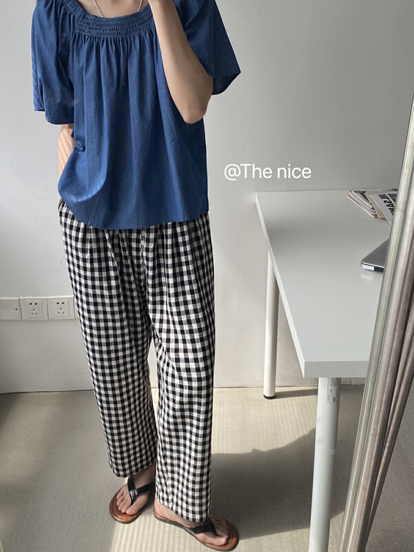 [the nice] elastic waist Plaid fashion casual pants a7019\hjy