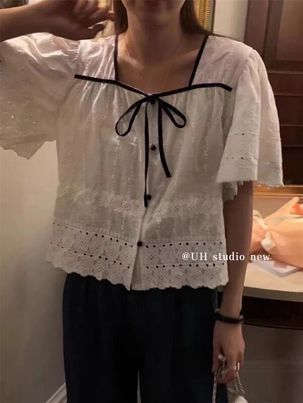 [uh] heavy industry bowknot square collar lace cut out blouse 7850\hjy