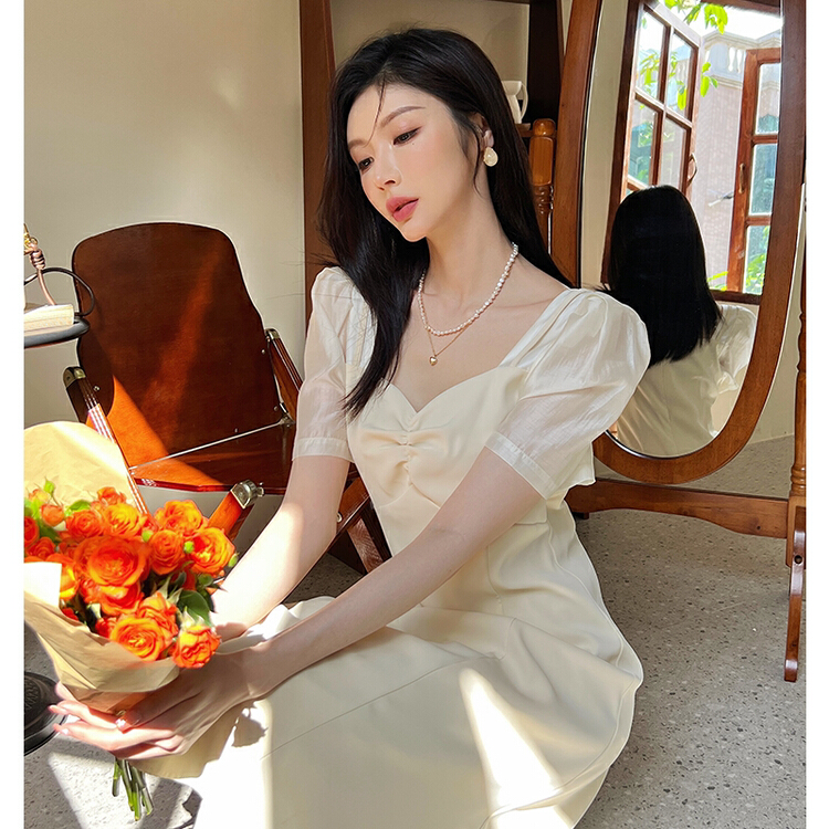 [Hanna inclusive] elegant square neck bubble sleeve slim dress m3205\xj
