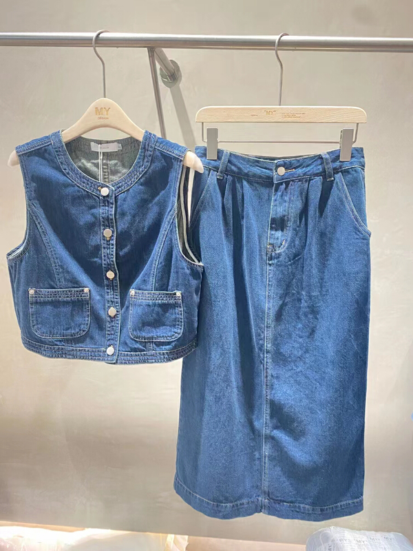 [myallin] Vintage Denim Vest + basic versatile skirt suit 60018\ozq