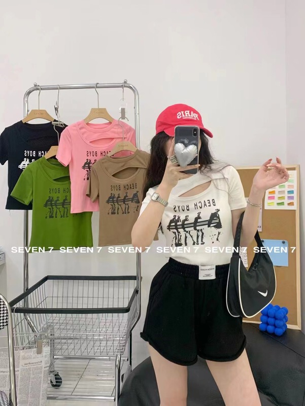 [seven 7] elastic hollow out versatile short sleeve T-shirt 8263\wtt