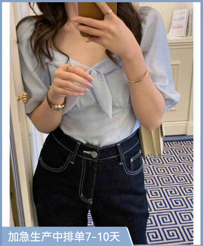 [x · h studio] design bow square neck short shirt 6631\ozq