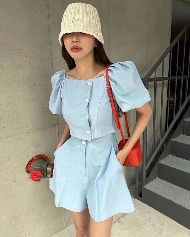 [31 fashion] simple Lantern Sleeve Top + loose and versatile Shorts Set 10190\hjy