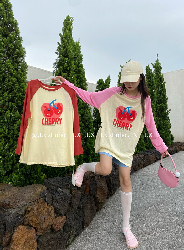 [JX] Cherry pattern contrast Raglan sun shirt 1554\wtt