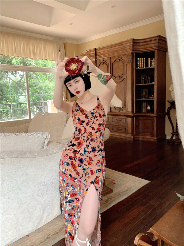 [AC] French flocking floral back cross strap dress 7071\jj