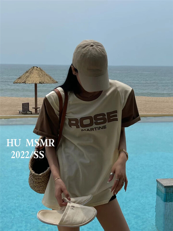 [Hu] contrast color round neck letter short sleeve T-shirt 8013\ozq