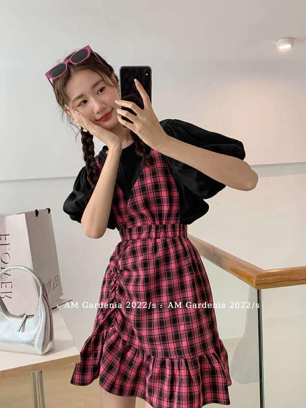 Three colors! [am Gardenia] Korean Plaid waist closing thin dress + back rope round neck small shirt set 3662\zxx