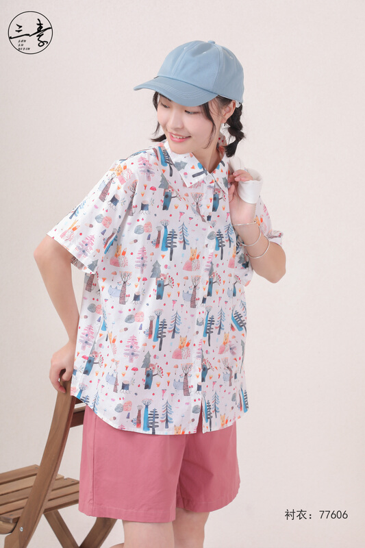 [original three plain clothes] literary and artistic style printed Vintage casual shirt 77606