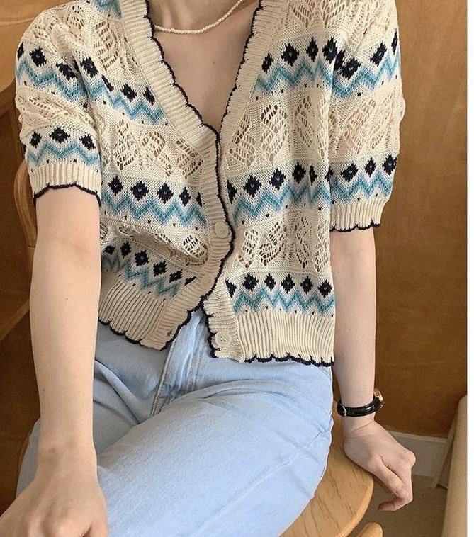 [f · P] French sweet style V-neck contrast hollow out knitted cardigan n338\hbx