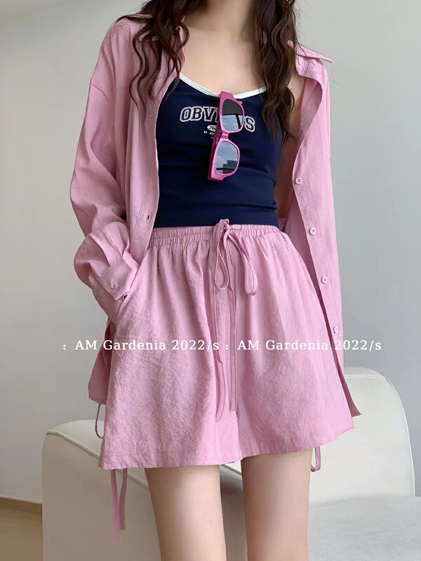 [am Gardenia] Korean simple sunscreen shirt + elastic high waist casual Shorts Set 3663\zxx