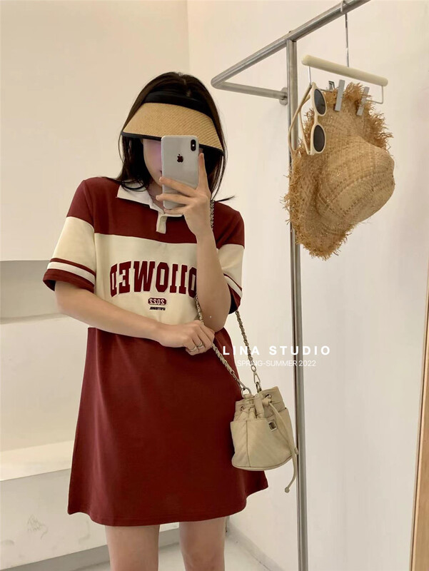 [Lina] fashion color blocking casual Polo age reducing dress 9036\zxx